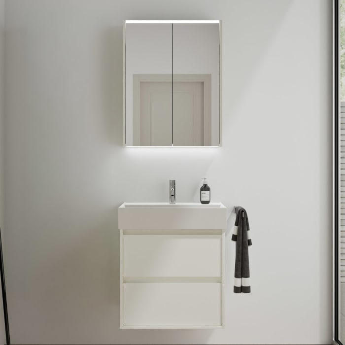 burgbad Devio Keramik-Waschtisch mit Unterschrank und LED-Spiegelschrank 60,5 cm, 2 Auszüge
