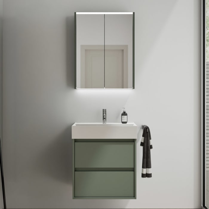 burgbad Devio Keramik-Waschtisch mit Unterschrank und LED-Spiegelschrank 60,5 cm, 2 Auszüge