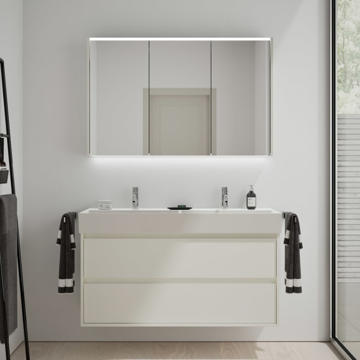 burgbad Devio Keramik-Waschtisch mit Unterschrank und LED-Spiegelschrank 120,5 cm, Doppeltür links, 2 Auszüge