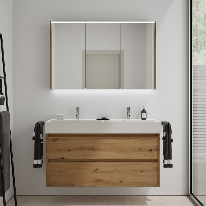 burgbad Devio Keramik-Waschtisch mit Unterschrank und LED-Spiegelschrank 120,5 cm, Doppeltür rechts, 2 Auszüge