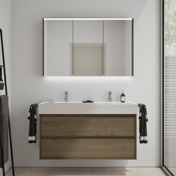 burgbad Devio Keramik-Waschtisch mit Unterschrank und LED-Spiegelschrank 120,5 cm, Doppeltür rechts, 2 Auszüge