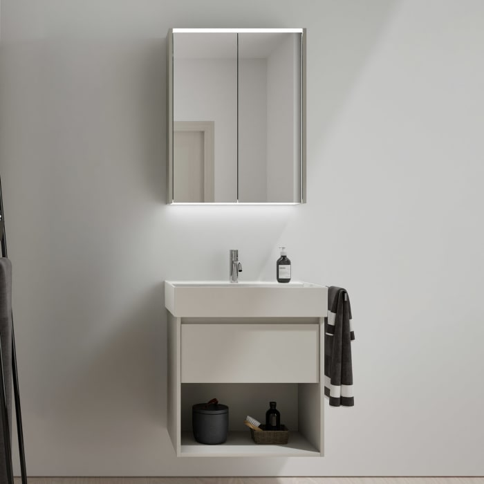 burgbad Devio Keramik-Waschtisch mit Unterschrank und LED-Spiegelschrank 60 cm, 1 Auszug
