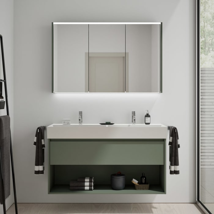 burgbad Devio Keramik-Waschtisch mit Unterschrank und LED-Spiegelschrank 120,5 cm, Doppeltür links, 1 Auszug