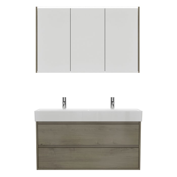 burgbad Devio Keramik-Waschtisch mit Unterschrank und LED-Spiegelschrank 120,5 cm, Doppeltür links, 2 Auszüge