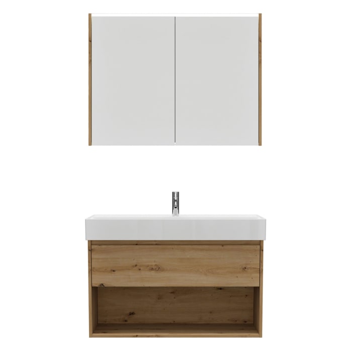 burgbad Devio Keramik-Waschtisch mit Unterschrank und LED-Spiegelschrank 100 cm, 1 Auszug