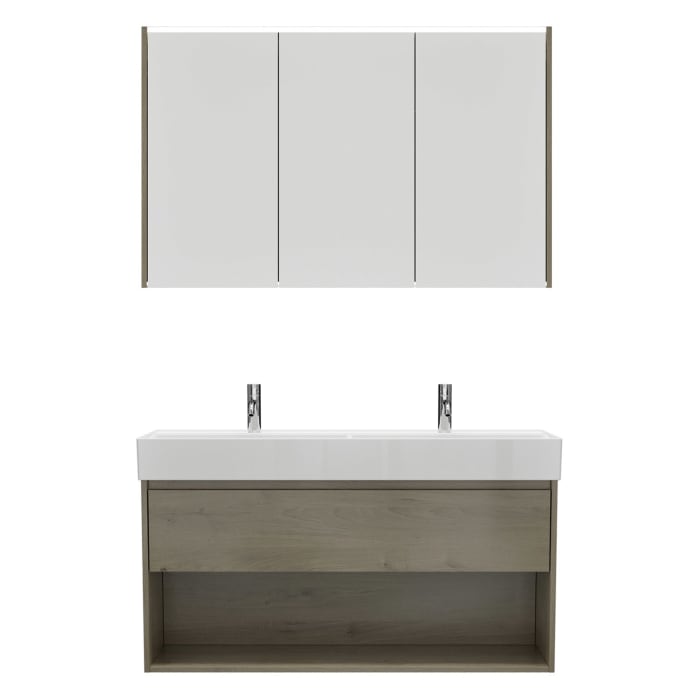 burgbad Devio Keramik-Waschtisch mit Unterschrank und LED-Spiegelschrank 120,5 cm, Doppeltür rechts, 1 Auszug