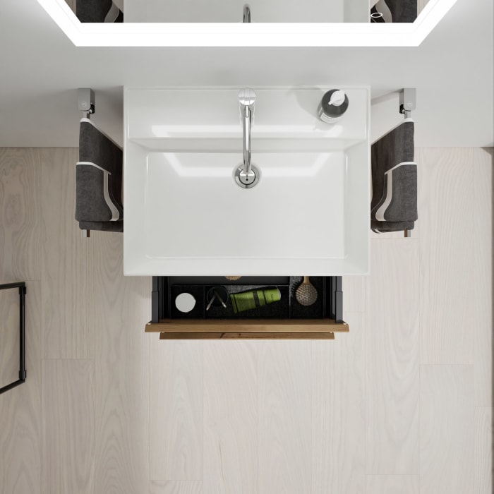 burgbad Devio Keramik-Waschtisch mit Unterschrank und LED-Spiegelschrank 60,5 cm, 2 Auszüge