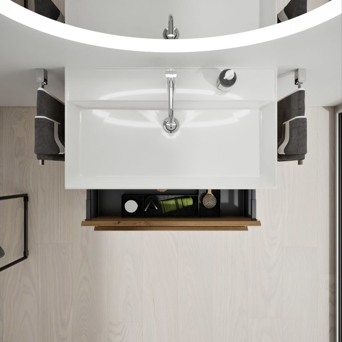 burgbad Devio Keramik-Waschtisch mit Unterschrank und LED-Spiegelschrank 80,5 cm, 2 Auszüge