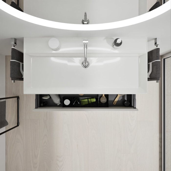 burgbad Devio Keramik-Waschtisch mit Unterschrank und LED-Spiegelschrank 100 cm, 1 Auszug