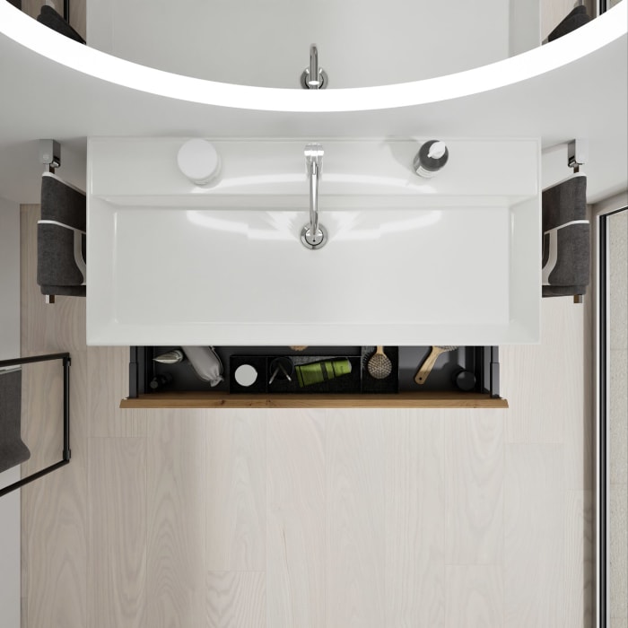 burgbad Devio Keramik-Waschtisch mit Unterschrank und LED-Spiegelschrank 100 cm, 1 Auszug