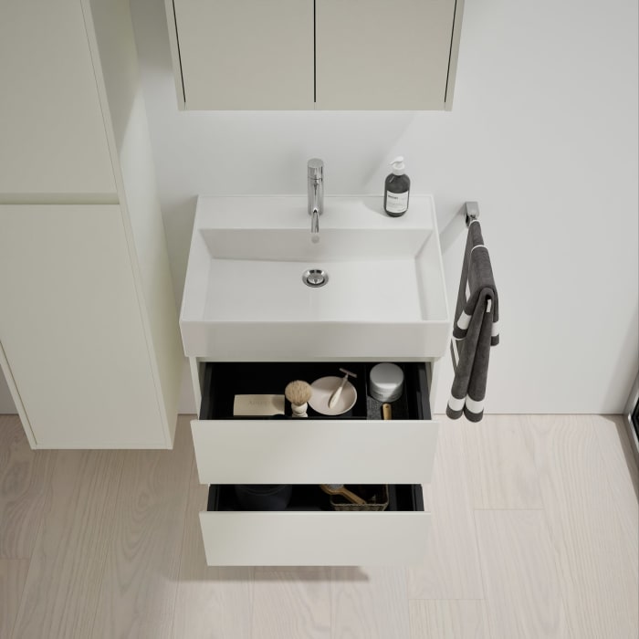 burgbad Devio Keramik-Waschtisch mit Unterschrank und LED-Spiegelschrank 60,5 cm, 2 Auszüge