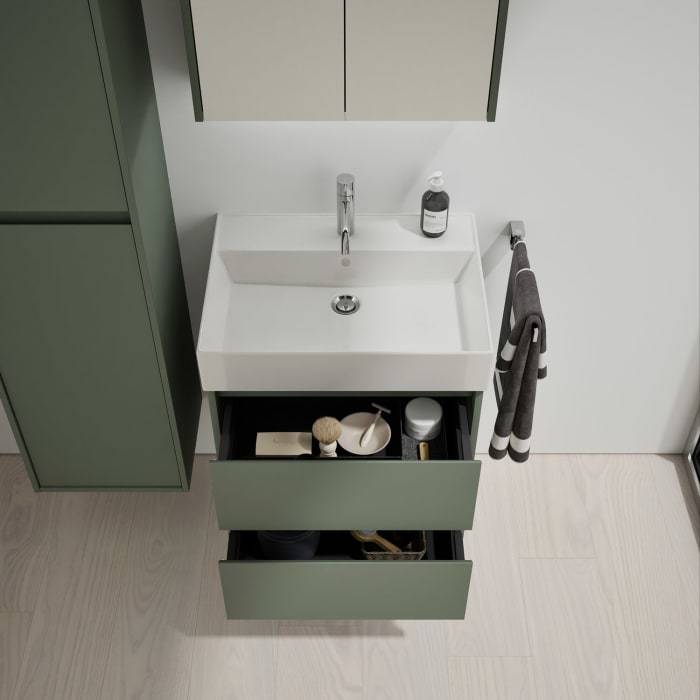 burgbad Devio Keramik-Waschtisch mit Unterschrank und LED-Spiegelschrank 60,5 cm, 2 Auszüge