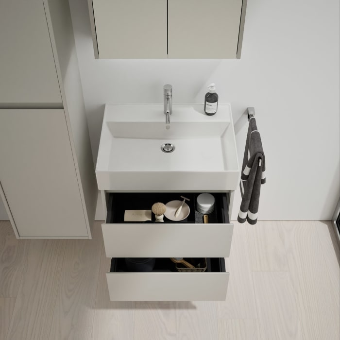 burgbad Devio Keramik-Waschtisch mit Unterschrank und LED-Spiegelschrank 60,5 cm, 2 Auszüge