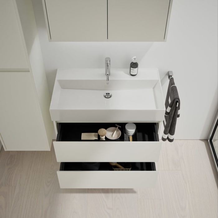 burgbad Devio Keramik-Waschtisch mit Unterschrank und LED-Spiegelschrank 80,5 cm, 2 Auszüge