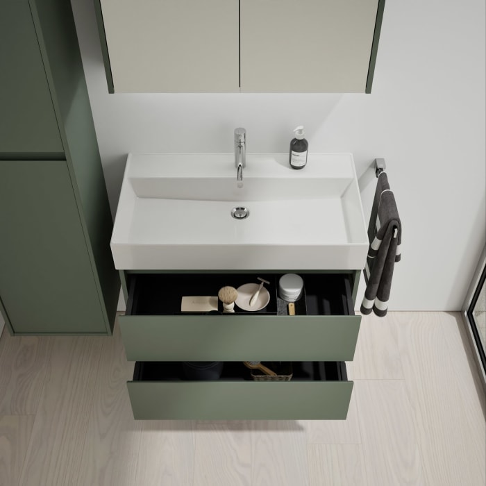 burgbad Devio Keramik-Waschtisch mit Unterschrank und LED-Spiegelschrank 80,5 cm, 2 Auszüge