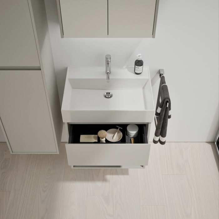 burgbad Devio Keramik-Waschtisch mit Unterschrank und LED-Spiegelschrank 60 cm, 1 Auszug