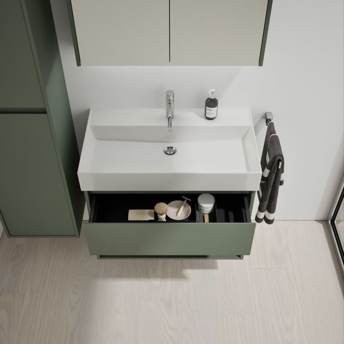 burgbad Devio Keramik-Waschtisch mit Unterschrank und LED-Spiegelschrank 80 cm, 1 Auszug