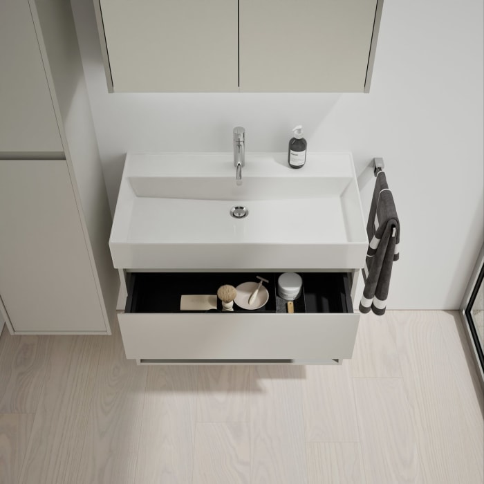 burgbad Devio Keramik-Waschtisch mit Unterschrank und LED-Spiegelschrank 80 cm, 1 Auszug