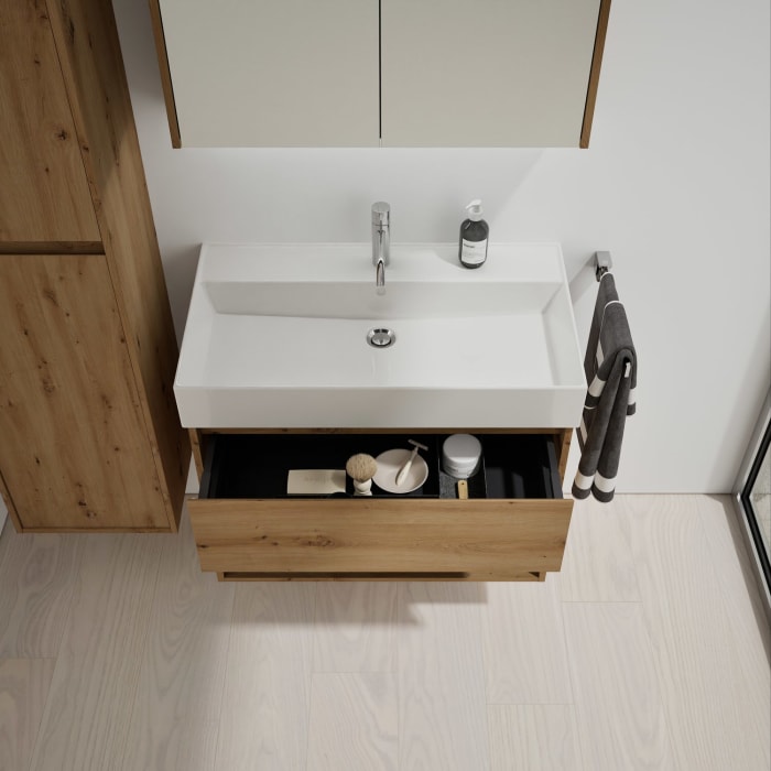 burgbad Devio Keramik-Waschtisch mit Unterschrank und LED-Spiegelschrank 80 cm, 1 Auszug
