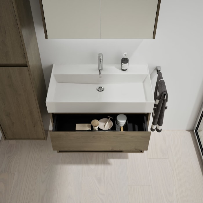 burgbad Devio Keramik-Waschtisch mit Unterschrank und LED-Spiegelschrank 80 cm, 1 Auszug