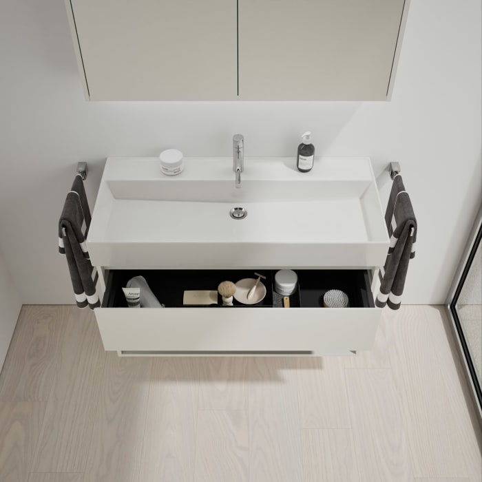 burgbad Devio Keramik-Waschtisch mit Unterschrank und LED-Spiegelschrank 100 cm, 1 Auszug