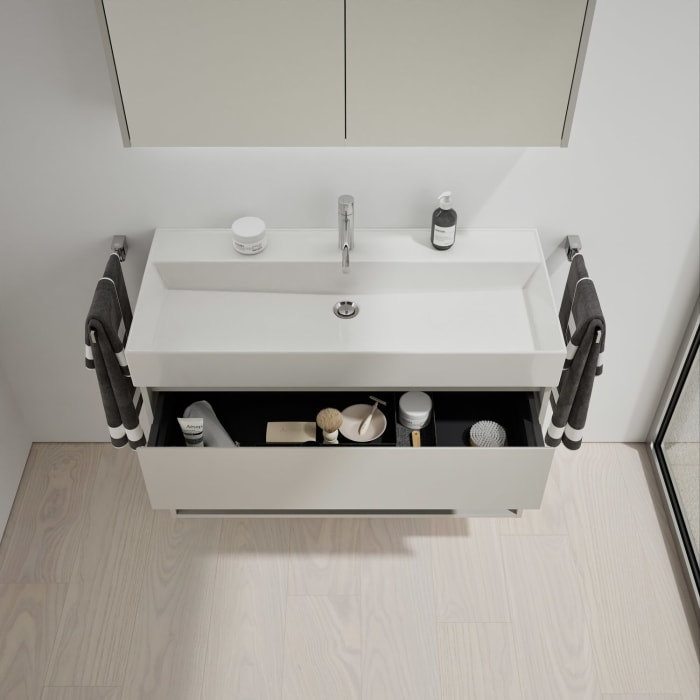 burgbad Devio Keramik-Waschtisch mit Unterschrank und LED-Spiegelschrank 100 cm, 1 Auszug