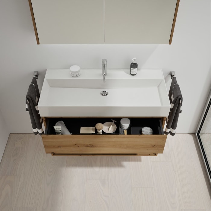 burgbad Devio Keramik-Waschtisch mit Unterschrank und LED-Spiegelschrank 100 cm, 1 Auszug