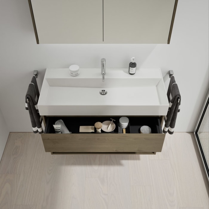 burgbad Devio Keramik-Waschtisch mit Unterschrank und LED-Spiegelschrank 100 cm, 1 Auszug