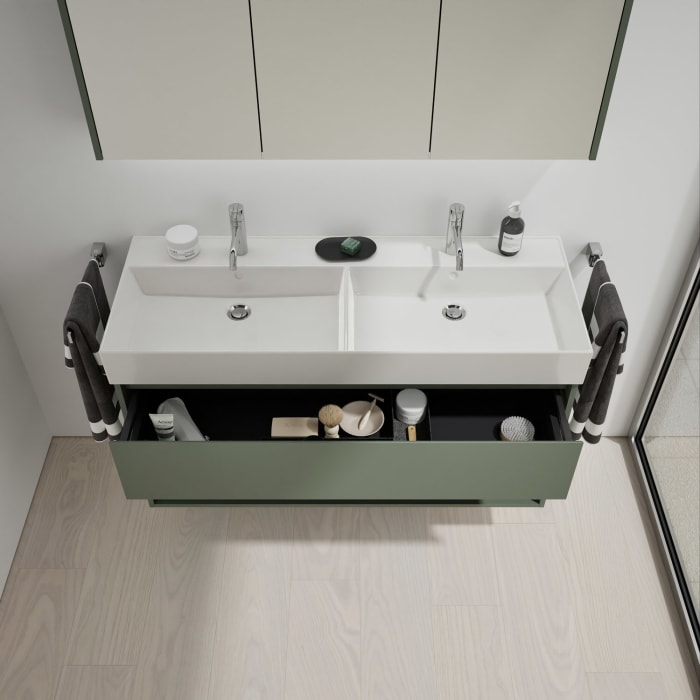 burgbad Devio Keramik-Waschtisch mit Unterschrank und LED-Spiegelschrank 120,5 cm, Doppeltür rechts, 1 Auszug