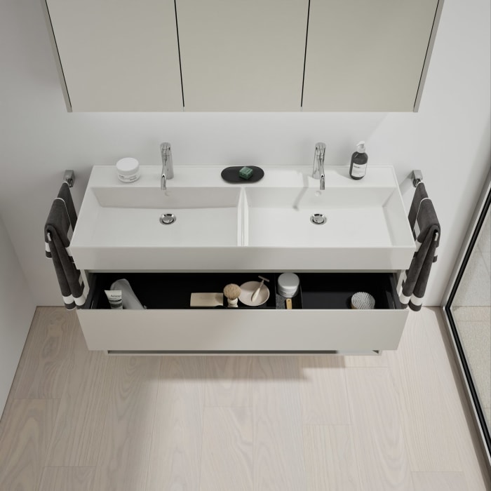 burgbad Devio Keramik-Waschtisch mit Unterschrank und LED-Spiegelschrank 120,5 cm, Doppeltür rechts, 1 Auszug