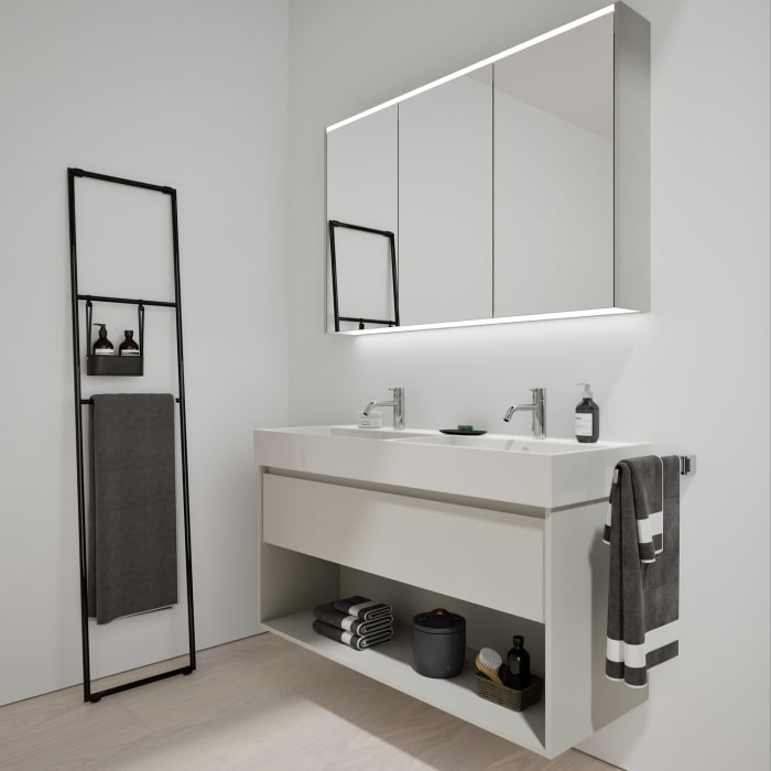 burgbad Devio Keramik-Waschtisch mit Unterschrank und LED-Spiegelschrank 120,5 cm, Doppeltür rechts, 1 Auszug
