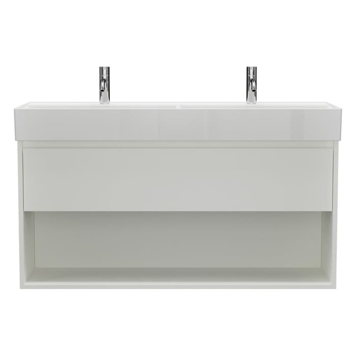 burgbad Devio Keramik-Waschtisch mit Unterschrank und LED-Spiegelschrank 120,5 cm, Doppeltür rechts, 1 Auszug