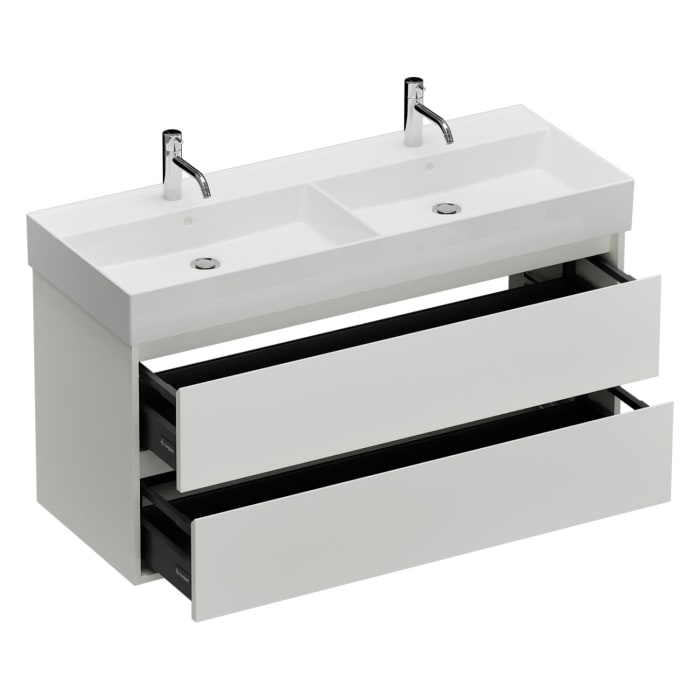 burgbad Devio Keramik-Waschtisch mit Unterschrank und LED-Spiegelschrank 120,5 cm, Doppeltür rechts, 2 Auszüge