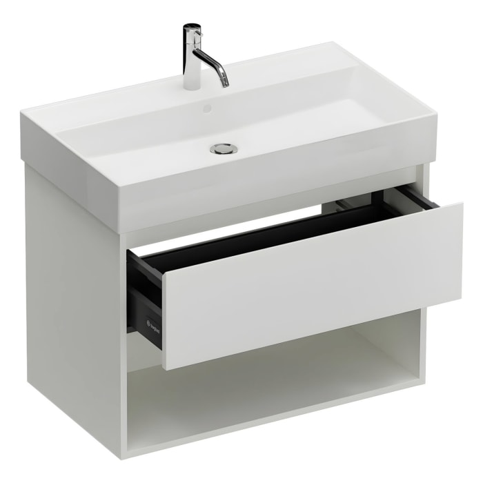 burgbad Devio Keramik-Waschtisch mit Unterschrank und LED-Spiegelschrank 80 cm, 1 Auszug