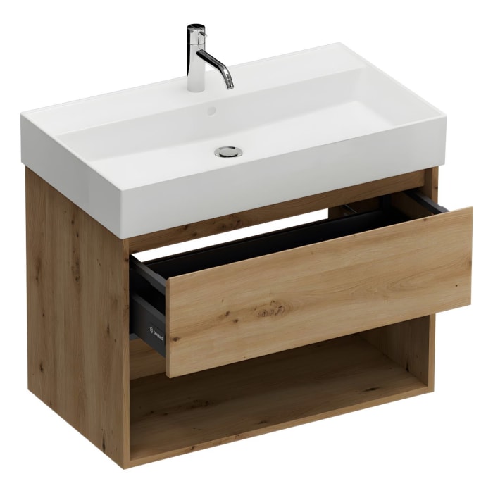 burgbad Devio Keramik-Waschtisch mit Unterschrank und LED-Spiegelschrank 80 cm, 1 Auszug
