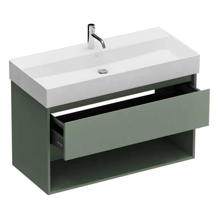 burgbad Devio Keramik-Waschtisch mit Unterschrank und LED-Spiegelschrank 100 cm, 1 Auszug