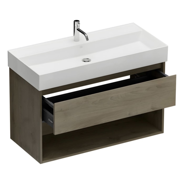 burgbad Devio Keramik-Waschtisch mit Unterschrank und LED-Spiegelschrank 100 cm, 1 Auszug