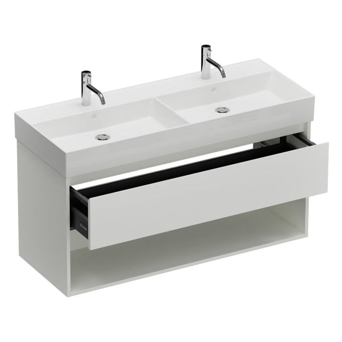 burgbad Devio Keramik-Waschtisch mit Unterschrank und LED-Spiegelschrank 120,5 cm, Doppeltür links, 1 Auszug