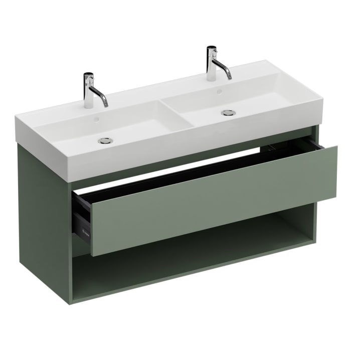 burgbad Devio Keramik-Waschtisch mit Unterschrank und LED-Spiegelschrank 120,5 cm, Doppeltür links, 1 Auszug