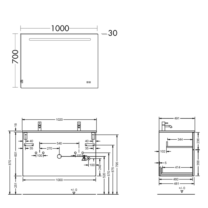 burgbad Eqio Badmöbel Set 102 cm Waschtisch und Unterschrank mit Griff G0252, mit LED-Leuchtspiegel