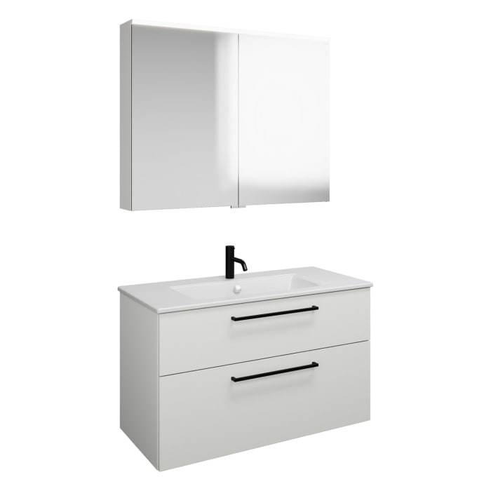 burgbad Eqio Badmöbel-Set 102 cm mit Keramik-Waschtisch Slim und Unterschrank mit Stangengriff G0234, mit Spiegelschrank