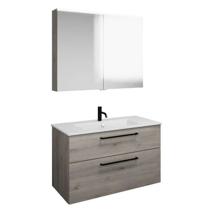 burgbad Eqio Badmöbel-Set 102 cm mit Keramik-Waschtisch Slim und Unterschrank mit Stangengriff G0234, mit Spiegelschrank