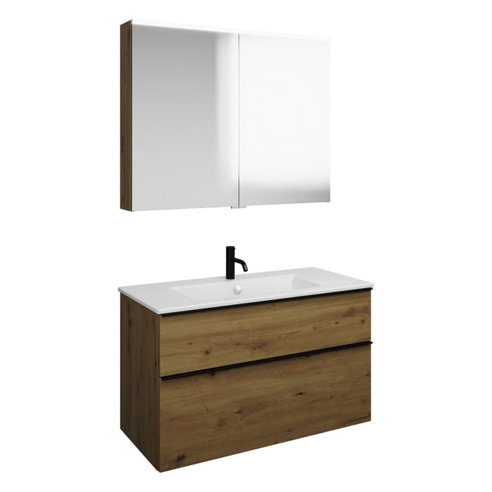 burgbad Eqio Badmöbel-Set 102 cm mit Keramik-Waschtisch Slim und Unterschrank mit Griffleiste G0252, mit Spiegelschrank