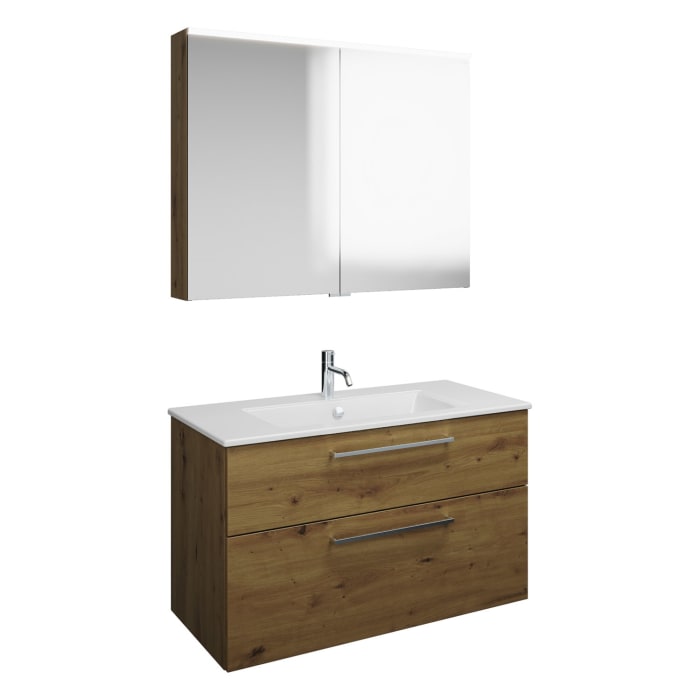 burgbad Eqio Badmöbel-Set 102 cm mit Keramik-Waschtisch Slim und Unterschrank mit Stangengriff P95, mit Spiegelschrank