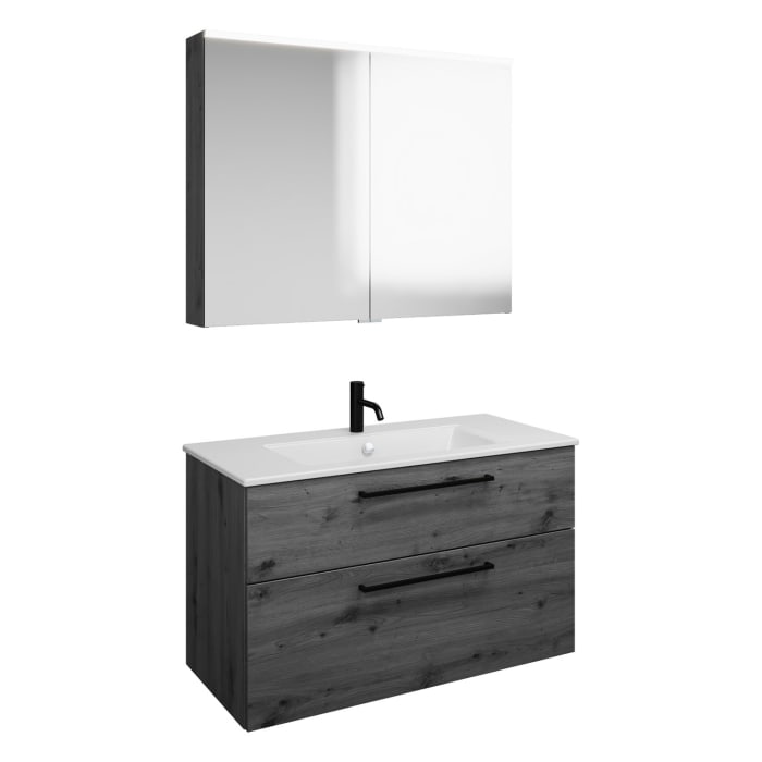 burgbad Eqio Badmöbel-Set 102 cm mit Keramik-Waschtisch Slim und Unterschrank mit Stangengriff G0234, mit Spiegelschrank
