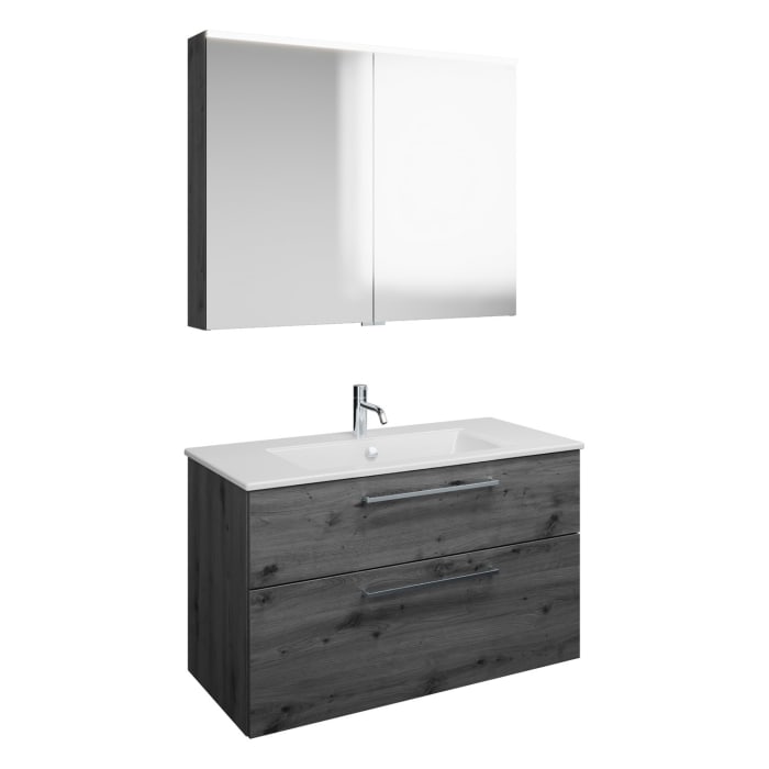 burgbad Eqio Badmöbel-Set 102 cm mit Keramik-Waschtisch Slim und Unterschrank mit Stangengriff P95, mit Spiegelschrank