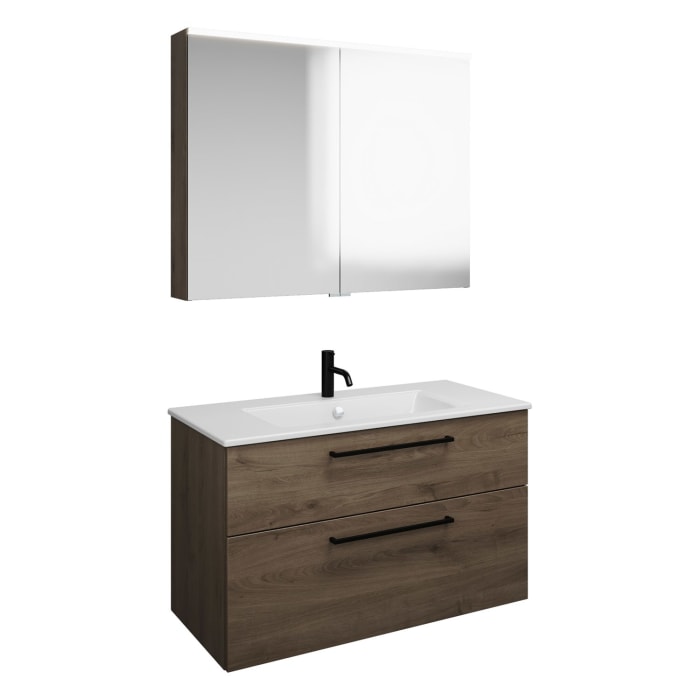 burgbad Eqio Badmöbel-Set 102 cm mit Keramik-Waschtisch Slim und Unterschrank mit Stangengriff G0234, mit Spiegelschrank