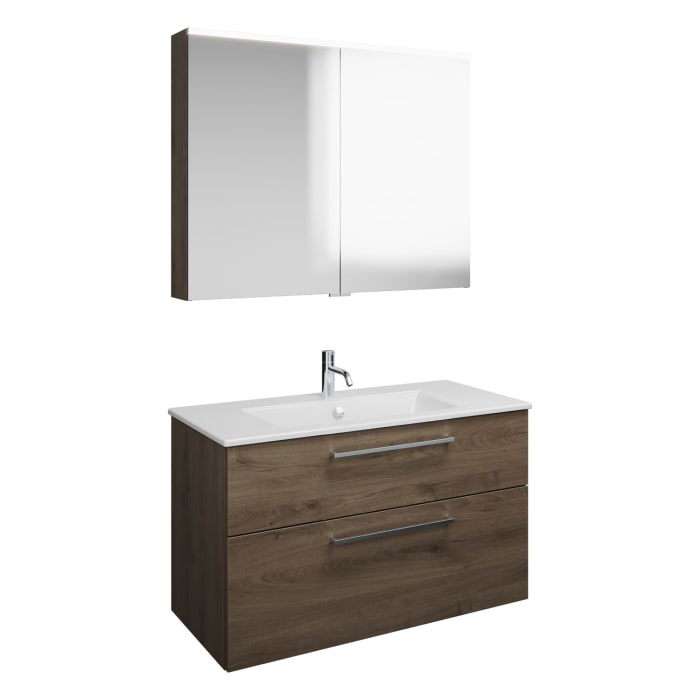 burgbad Eqio Badmöbel-Set 102 cm mit Keramik-Waschtisch Slim und Unterschrank mit Stangengriff P95, mit Spiegelschrank