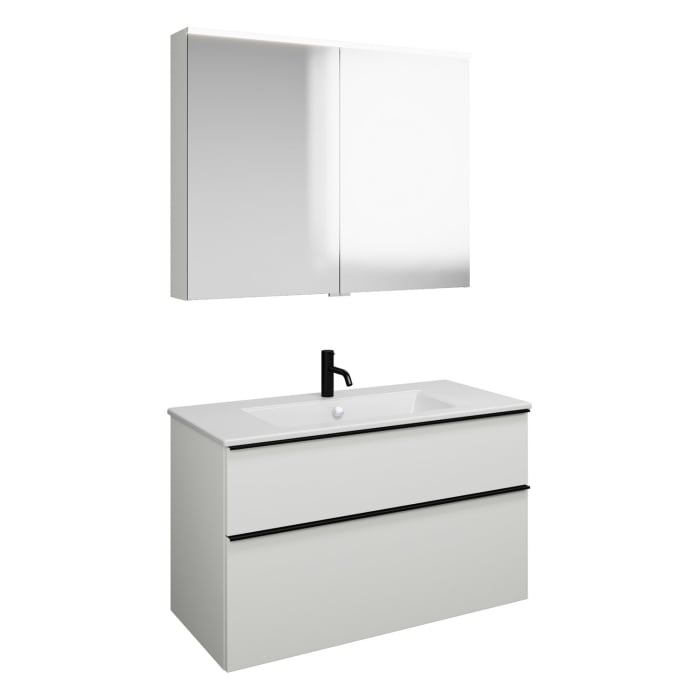 burgbad Eqio Badmöbel-Set 102 cm mit Keramik-Waschtisch Slim und Unterschrank mit Griffleiste G0252, mit Spiegelschrank