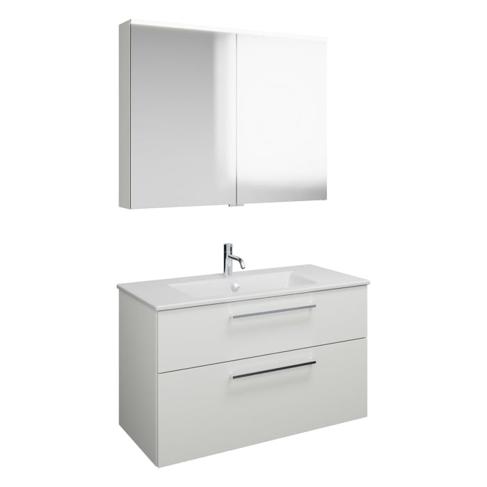 burgbad Eqio Badmöbel-Set 102 cm mit Keramik-Waschtisch Slim und Unterschrank mit Stangengriff P95, mit Spiegelschrank